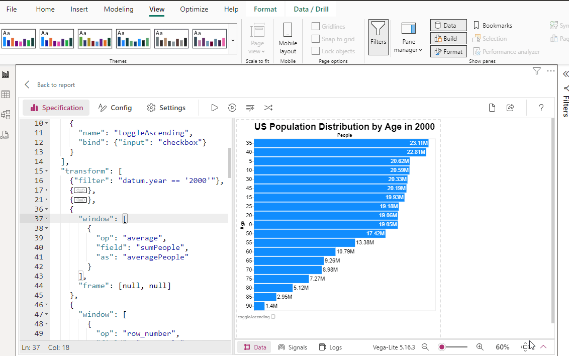 Interactive bar chart showing US population distribution by age with cross-filtering and sorting